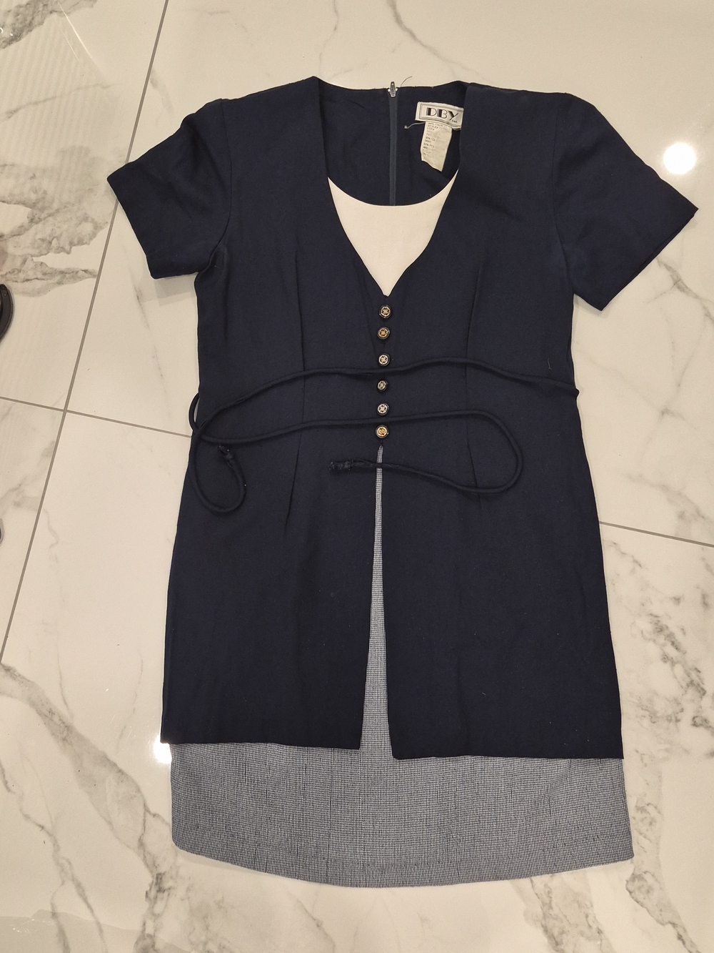 Vintage DBY Navy Short Sleeve Tunic Dress with Cream Neck Inset